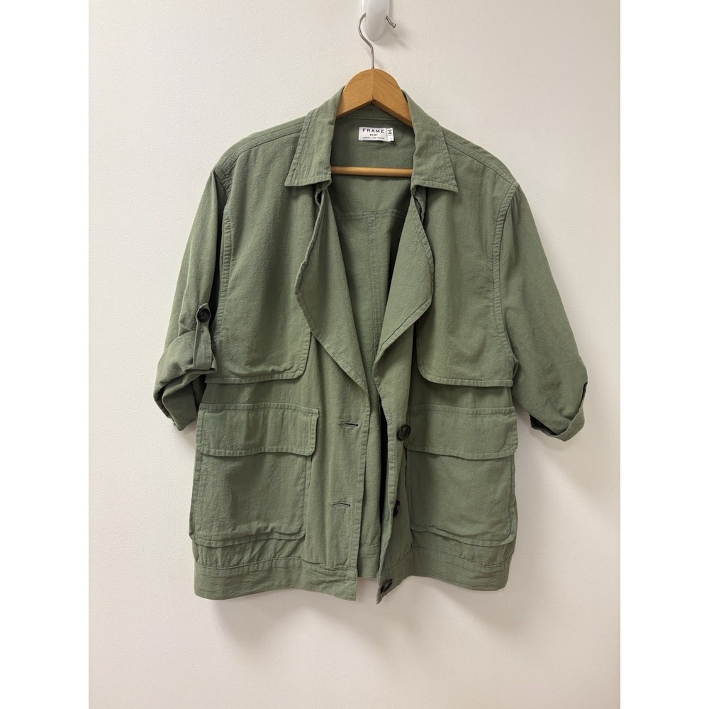 Frame Womens Army Green Cotton Collared Button 1/4 Sleeve Jacket Sz L Lagenlook